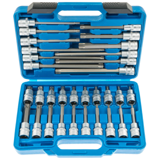 Zástrčné hlavice TORX 1/2", štandardné, predĺžené a extra dlhé, T20 - T70, sada 32 ks
